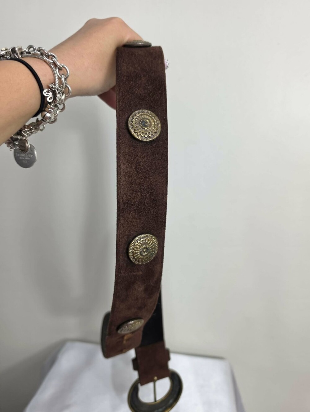 Vintage Brown Suede Belt with Ornate Brass Buckle - Picture 7 of 10